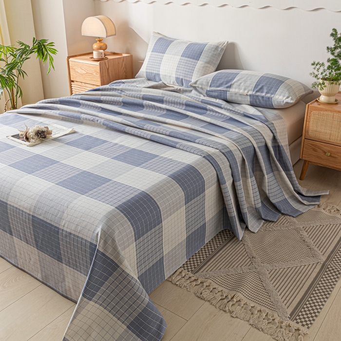 91家纺网 家纺一手货源 找家纺 阿亮家居 2025新款原棉老粗布床单系列 蓝小格