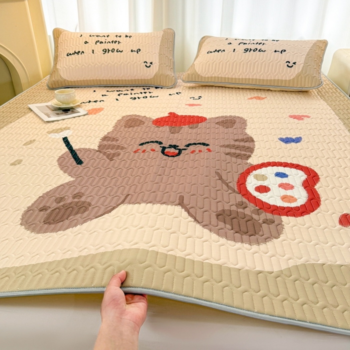 91家纺网 家纺一手货源 找家纺 希廷顿 2025新款大版印花乳胶凉席三件套 猫咪画家