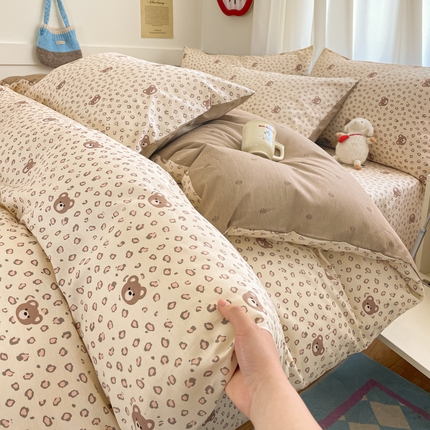 首尔家纺 2025新款全棉印花四件套小清新系列 豹纹小熊