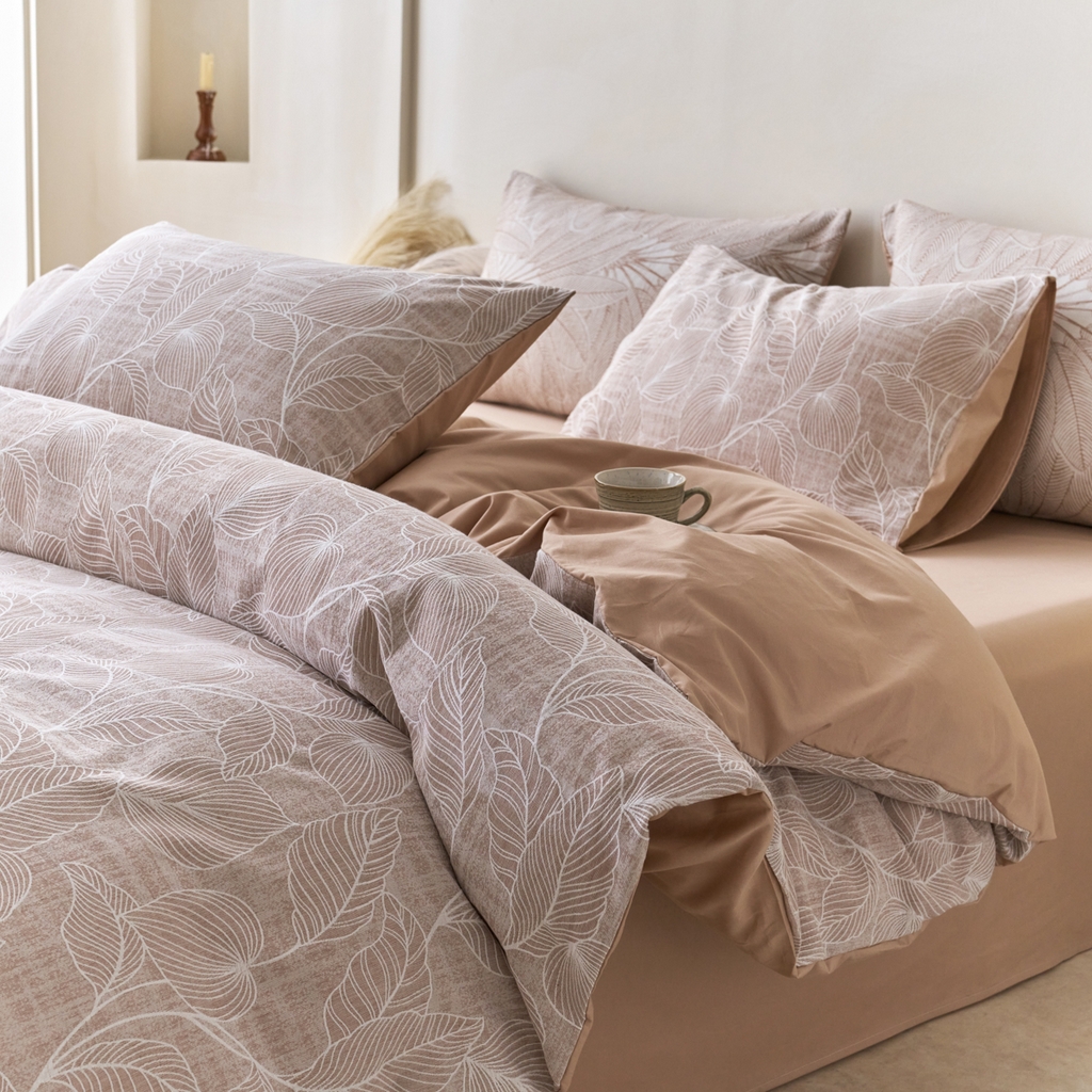 91家纺网 家纺一手货源 找家纺 金丝鸟2025新款全棉纯棉三层纱提花四件套 小叶雨林 咖