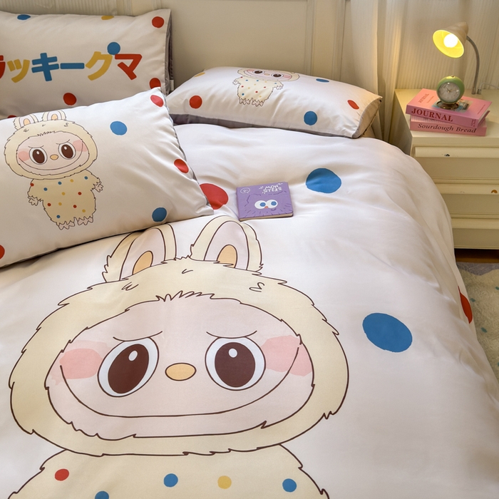 91家纺网 家纺一手货源 找家纺 摩卡（乐趣） 2025新款水洗真丝数码印花卡通兔系列四件套 奶糕兔