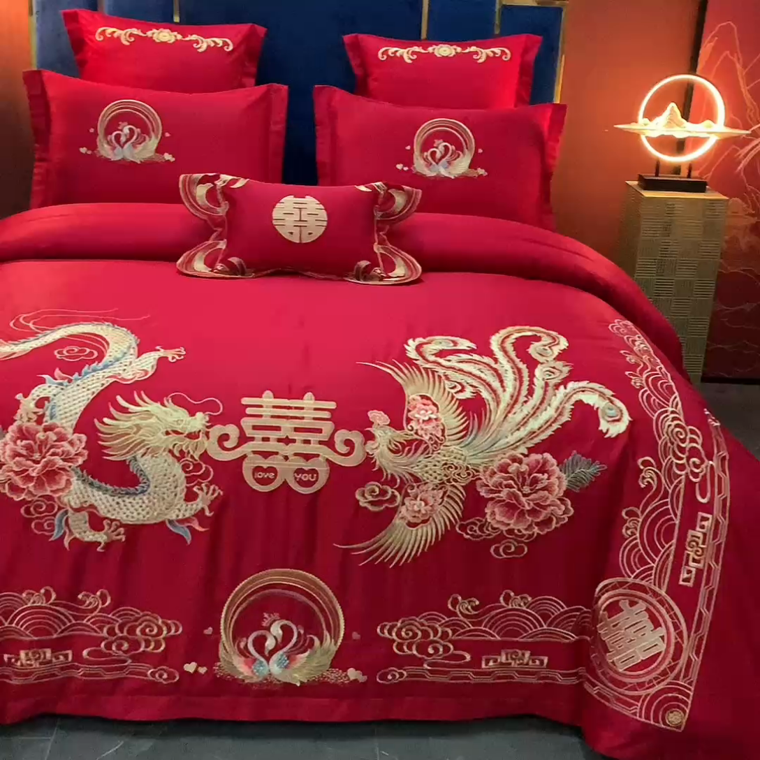 91家纺网 家纺一手货源 找家纺 慕她家纺 慕她婚庆四件套大红色磨毛亲肤棉刺绣结婚工艺款床上用品 恩爱龙凤