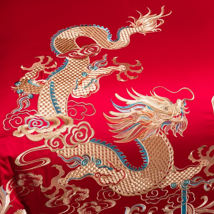 91家纺网 家纺一手货源 找家纺 慕她家纺 慕她婚庆四件套大红色磨毛亲肤棉刺绣结婚工艺款床上用品 挚恋龙凤