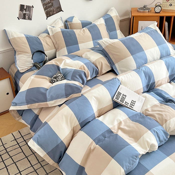 91家纺网 家纺一手货源 找家纺 罗菲尼酒店用品 2025新款磨毛亲肤飞边款四件套 蓝白大格