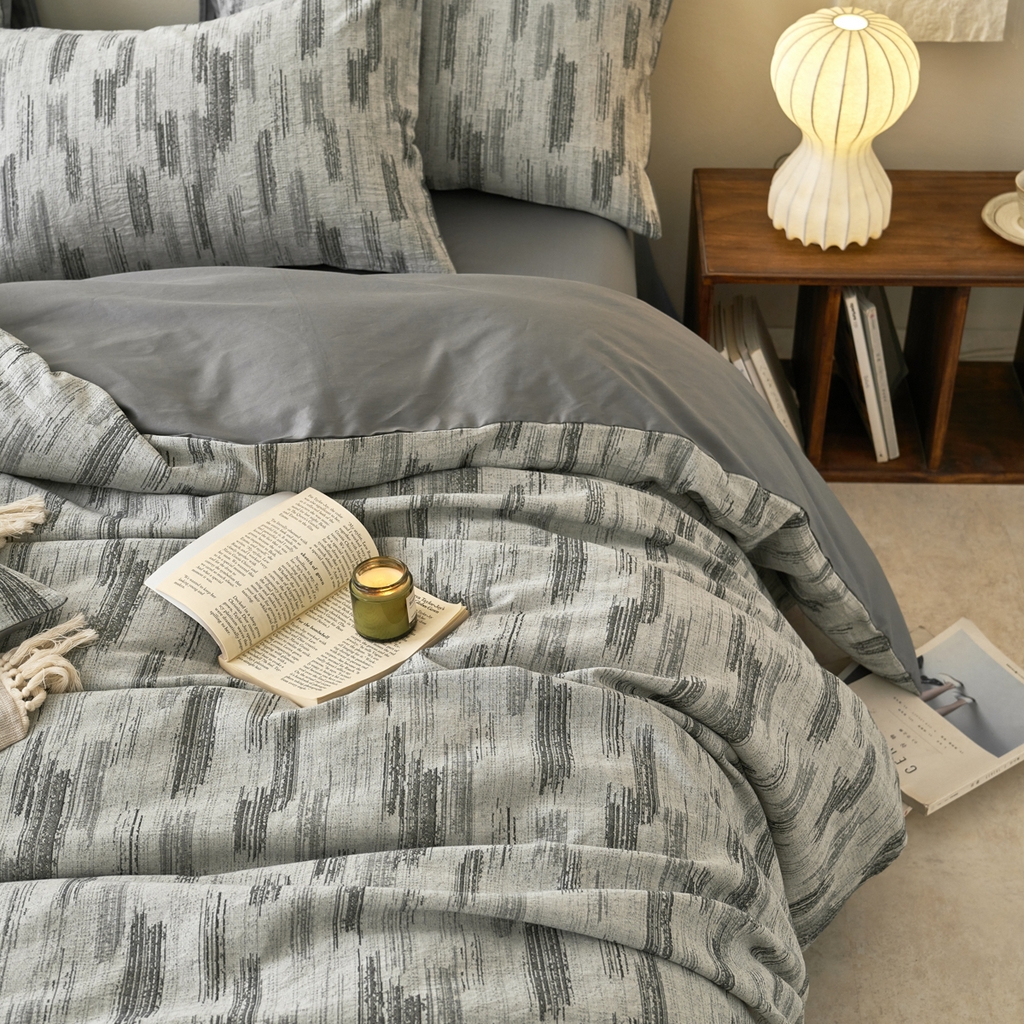 91家纺网 家纺一手货源 找家纺 金丝鸟2025新款全棉纯棉三层纱提花四件套 树影灰