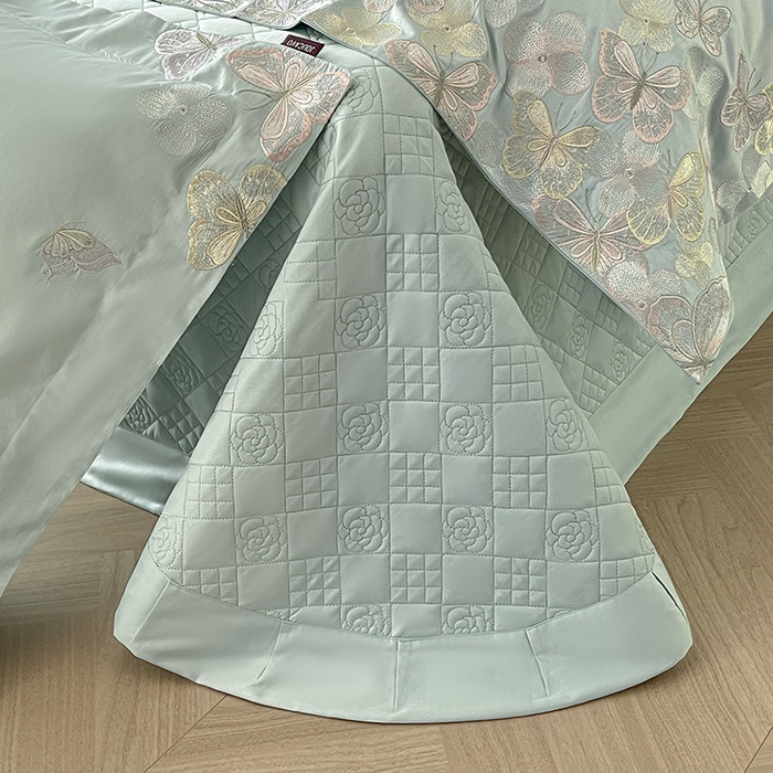 91家纺网 家纺一手货源 找家纺 直播爆款A类100支长绒棉夹棉床盖床笠四件套全棉纯棉床单加厚高端重工刺绣四季款床上用品 茉婉-茶绿