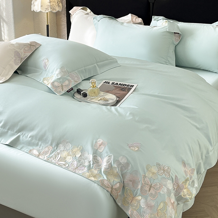 91家纺网 家纺一手货源 找家纺 高端轻奢A类母婴级长绒棉全工艺刺绣四件套纯棉全棉高端春夏季爆款床上用品 茉婉-茶绿