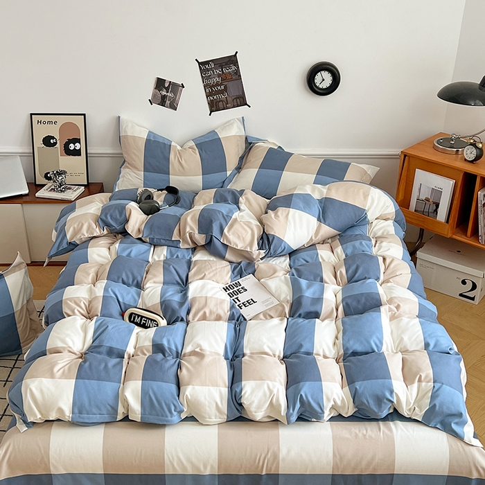 91家纺网 家纺一手货源 找家纺 罗菲尼酒店用品 2025新款磨毛亲肤飞边款四件套 蓝白大格