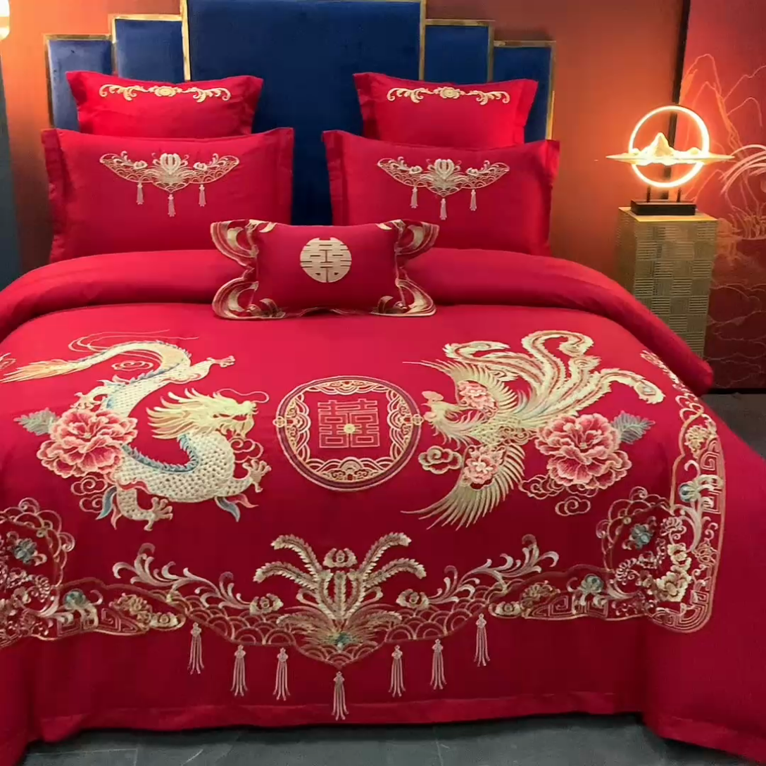 91家纺网 家纺一手货源 找家纺 慕她家纺 慕她婚庆四件套大红色磨毛亲肤棉刺绣结婚工艺款床上用品 幸福龙凤