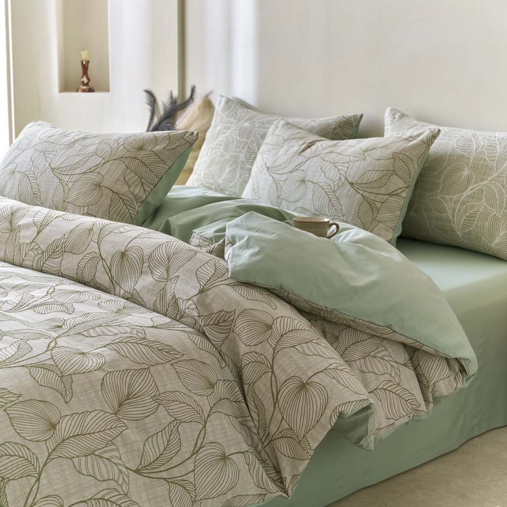 91家纺网 家纺一手货源 找家纺 金丝鸟2025新款全棉纯棉三层纱提花四件套 小叶雨林 绿