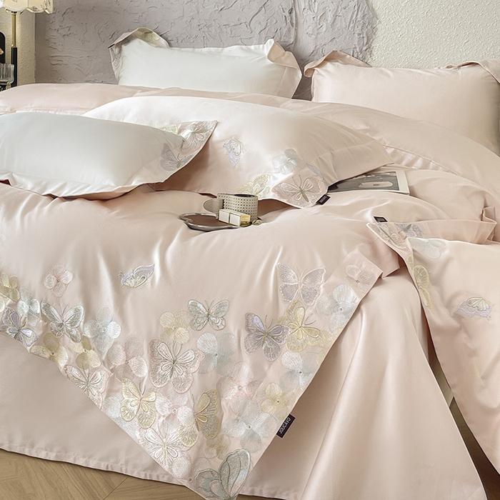 91家纺网 家纺一手货源 找家纺 春夏A类长绒棉夹棉床盖床笠四件套全棉纯棉纯色绗绣四季款保护罩高级感床上用品 茉婉-颜粉