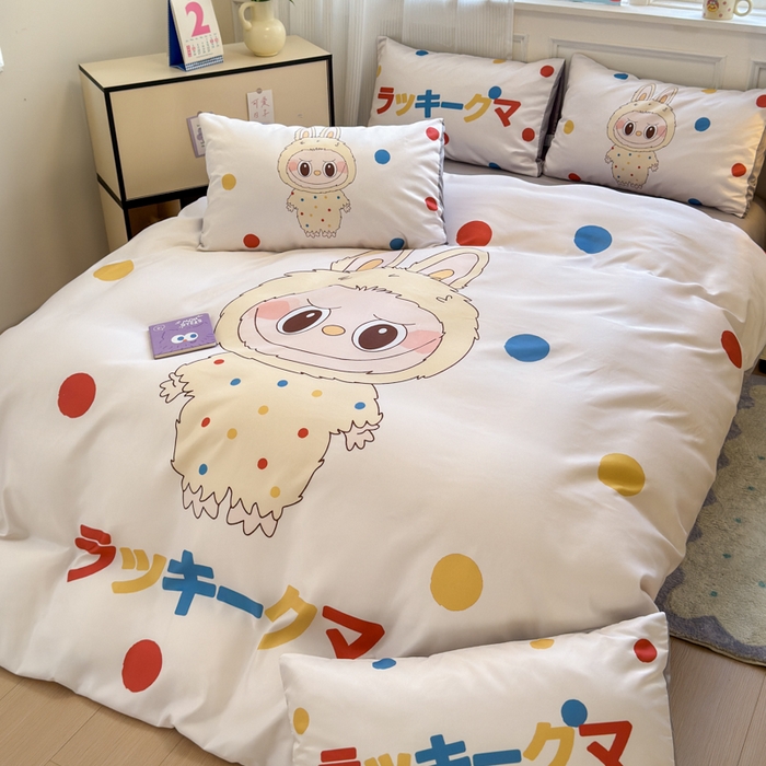 91家纺网 家纺一手货源 找家纺 摩卡（乐趣） 2025新款水洗真丝数码印花卡通兔系列四件套 奶糕兔