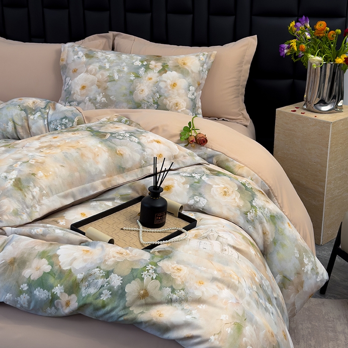 91家纺网 家纺一手货源 找家纺 竹合 2025新款数码印花轻奢凉感四件套 虞美人咖