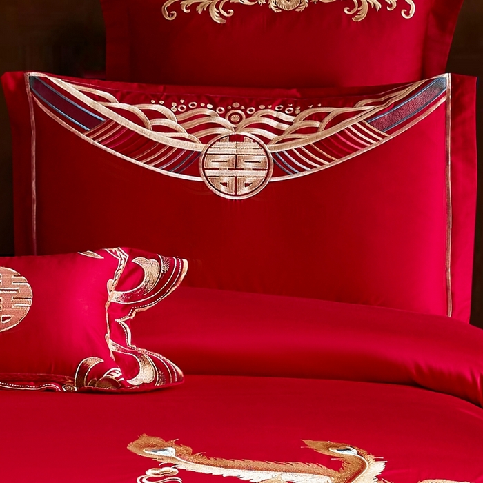 91家纺网 家纺一手货源 找家纺 慕她家纺 慕她婚庆四件套大红色磨毛亲肤棉刺绣结婚工艺款床上用品 龙凤喝彩