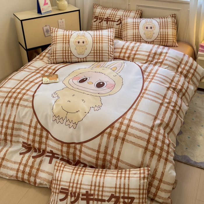 91家纺网 家纺一手货源 找家纺 摩卡（乐趣） 2025新款水洗真丝数码印花卡通兔系列四件套 兔奶糖