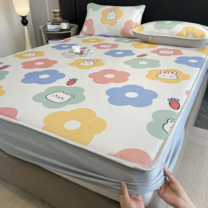 91家纺网 家纺一手货源 找家纺 2025新款印花冰丝凉席反面无纺布 冰丝-床笠款-向阳花