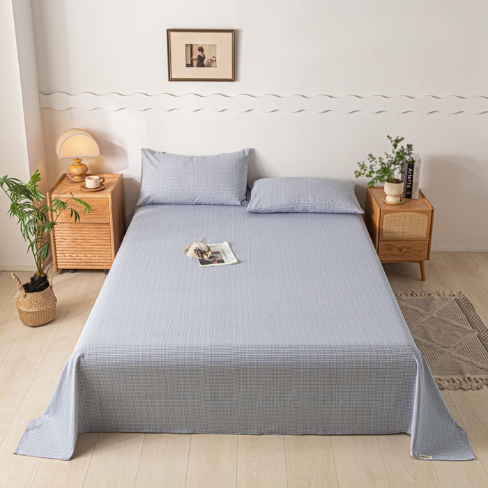 91家纺网 家纺一手货源 找家纺 阿亮家居 2025新款原棉老粗布床单系列 千鸟格-天蓝