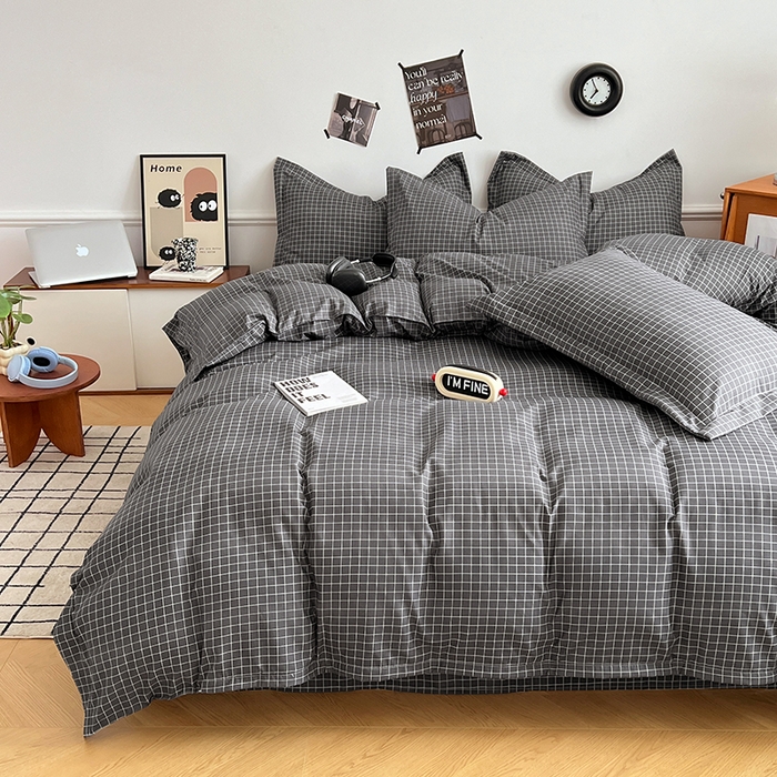 91家纺网 家纺一手货源 找家纺 罗菲尼酒店用品 2025新款磨毛亲肤飞边款四件套 黑小格