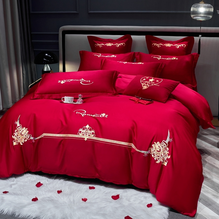91家纺网 家纺一手货源 找家纺 慕她家纺 慕她婚庆四件套大红色磨毛亲肤棉刺绣结婚工艺款床上用品 爱的约定