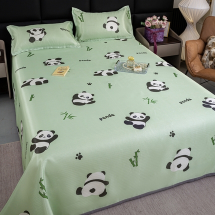 念家居 2025新款轻奢可机洗水洗床单款高密大版斜纹冰丝凉席三件套 富贵熊猫绿