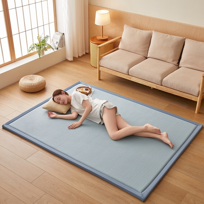 91家纺网 家纺一手货源 找家纺 阿亮家居 2025新款包边工艺凉感冰藤地铺睡垫系列凉席地垫 华夫格蓝