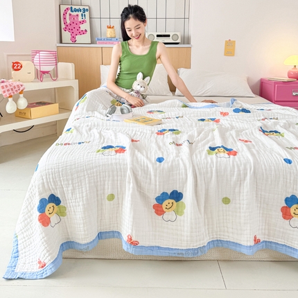 棠薇家纺 2025新款全棉六层皱皱纱婴幼毯泡泡纱印花盖毯包被浴巾 微笑花