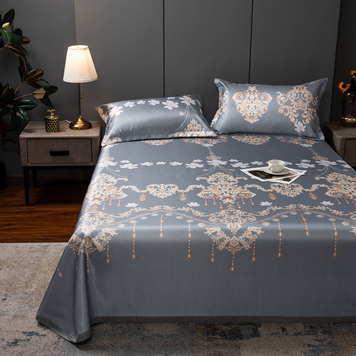 91家纺网 家纺一手货源 找家纺 柏薇 2025新款冰丝床单款凉席三件套系列 落英缤纷-灰