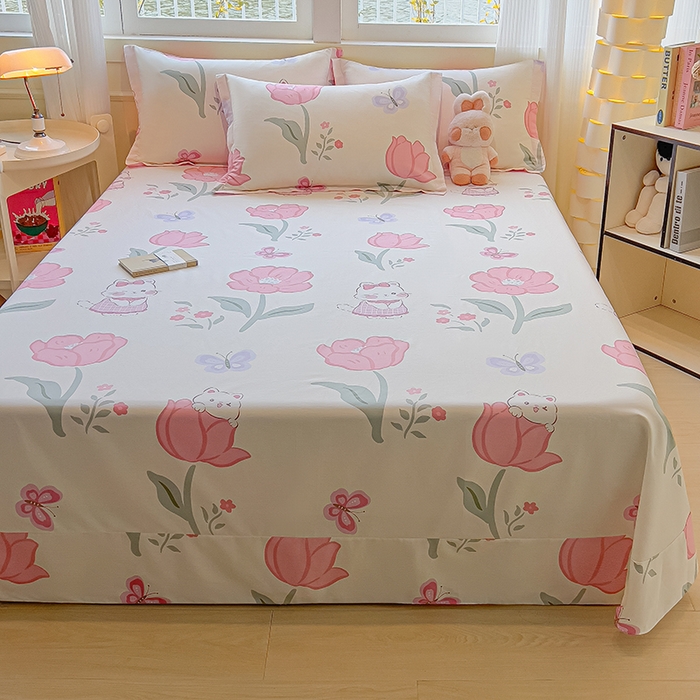 91家纺网 家纺一手货源 找家纺 拾物记 2025新款A类无荧光全喷气全棉12868单床单 花欣猫趣-粉