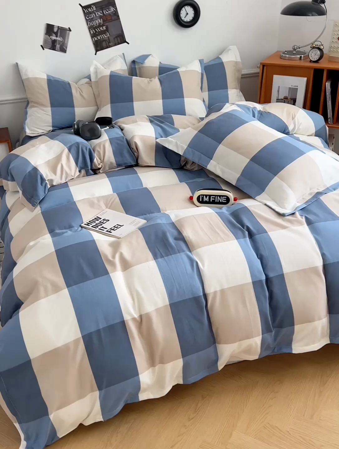 91家纺网 家纺一手货源 找家纺 罗菲尼酒店用品 2025新款磨毛亲肤飞边款四件套 蓝白大格