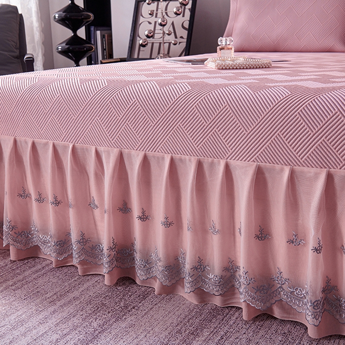 91家纺网 家纺一手货源 找家纺 梵克保罗 2025新款7A抗菌母婴级纯乙纶PE刺绣凉感丝豆豆席床单款 斜条纹-粉