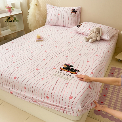 沐辰 2025春夏新款A类全棉纯棉老粗布烫画单品床笠 床笠单件 点点狗狗-粉