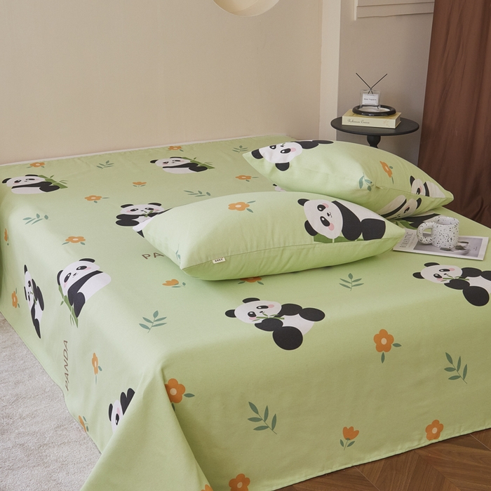 91家纺网 家纺一手货源 找家纺 绒艺席业 2025新款简约原棉印花老粗布床单 熊猫抱竹