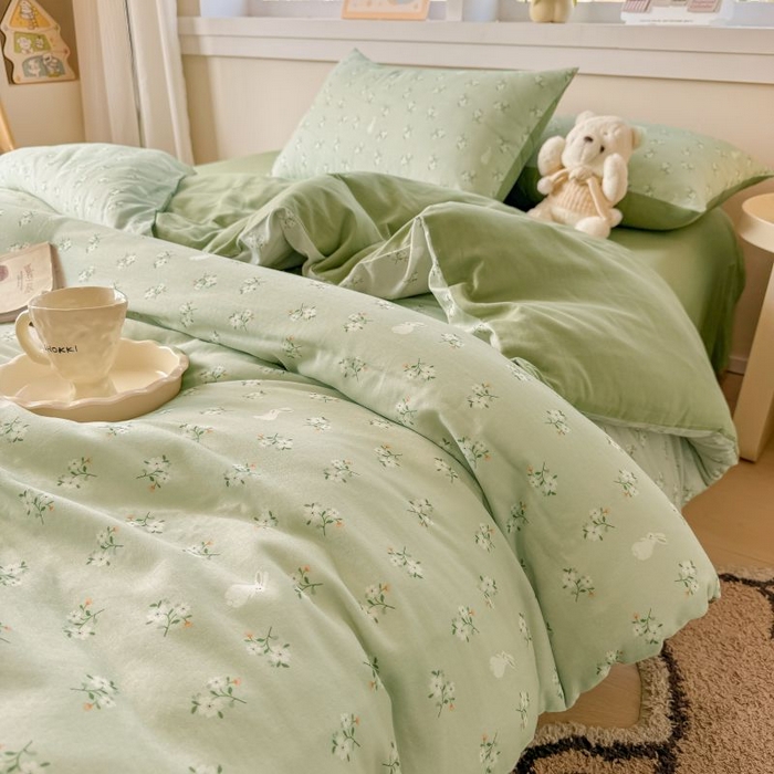 91家纺网 家纺一手货源 找家纺 2025新款40s全棉双层纱圆角吊边款四件套 白月光-绿