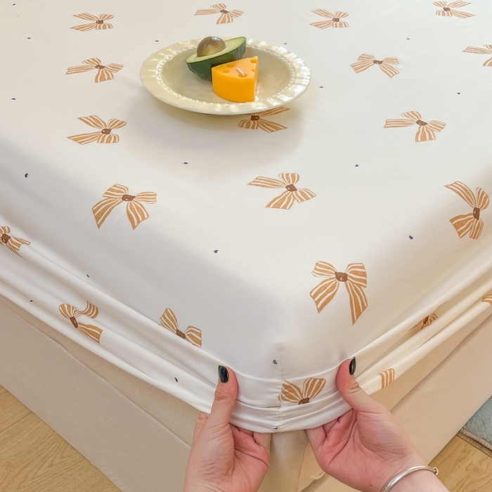 91家纺网 家纺一手货源 找家纺 默忆 2025新款针织双层纱印花糯小棉床笠 蝴蝶结