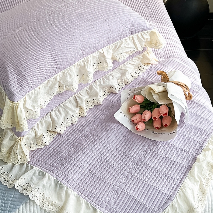 91家纺网 家纺一手货源 找家纺 沐纯家居 2025新款棉小乐花边床盖三件套 梦幻紫
