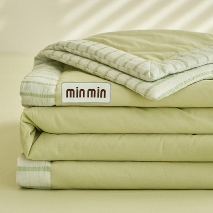 寐绸家纺 2025新款纯棉水洗棉min绣花竖条边大豆纤维夏被四件套 MIN-果绿