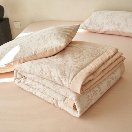 寐绸家纺 2025新款纯棉水洗棉三层繁花提花大豆纤维夏被四件套 繁花夏被-浅粉
