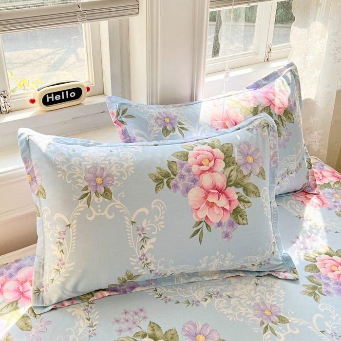 91家纺网 家纺一手货源 找家纺 世爵 2025新款全棉印花小清新套件系列-四件套 花叶倾城-蓝