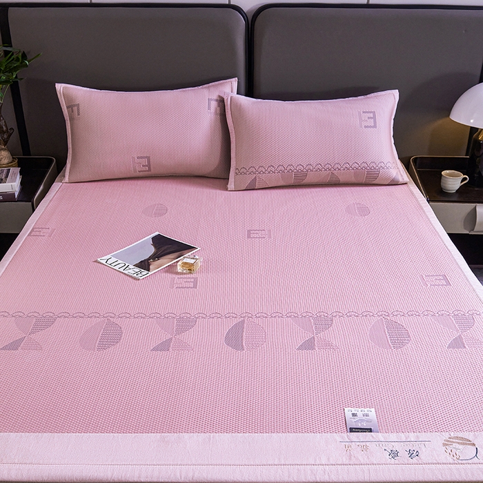 91家纺网 家纺一手货源 找家纺 梵克保罗 2025新款7A抗菌母婴级纯乙纶PE刺绣凉感丝豆豆席 叶子-粉