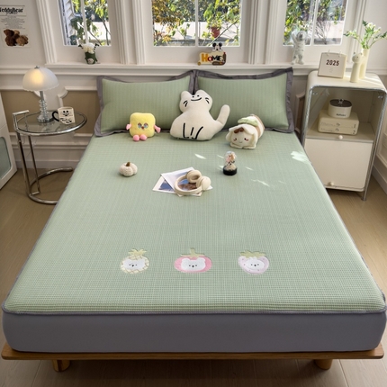 孩子王家纺 2025新款冰豆豆华夫格绣花系列床单床笠 奶冻喵-果绿床笠