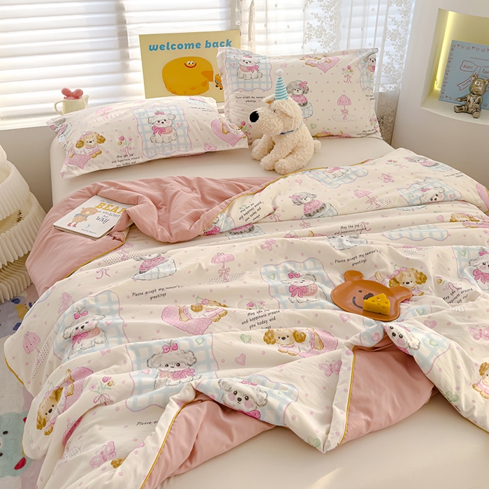 91家纺网 家纺一手货源 找家纺 星巴k家纺 2025新款A类水洗双层纱大豆纤维夏被夏凉被空调被 狗狗派对