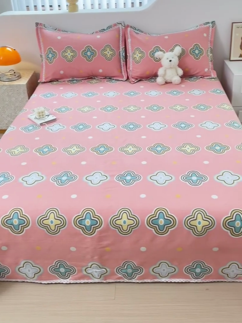 91家纺网 家纺一手货源 找家纺 梵克保罗 2025新款鱼骨棉老粗布凉席花边款床单三件套 四叶草-玉