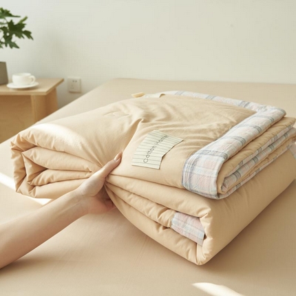 寐绸家纺 2025新款纯棉水洗棉格子边大豆纤维夏被四件套 格子边-杏色