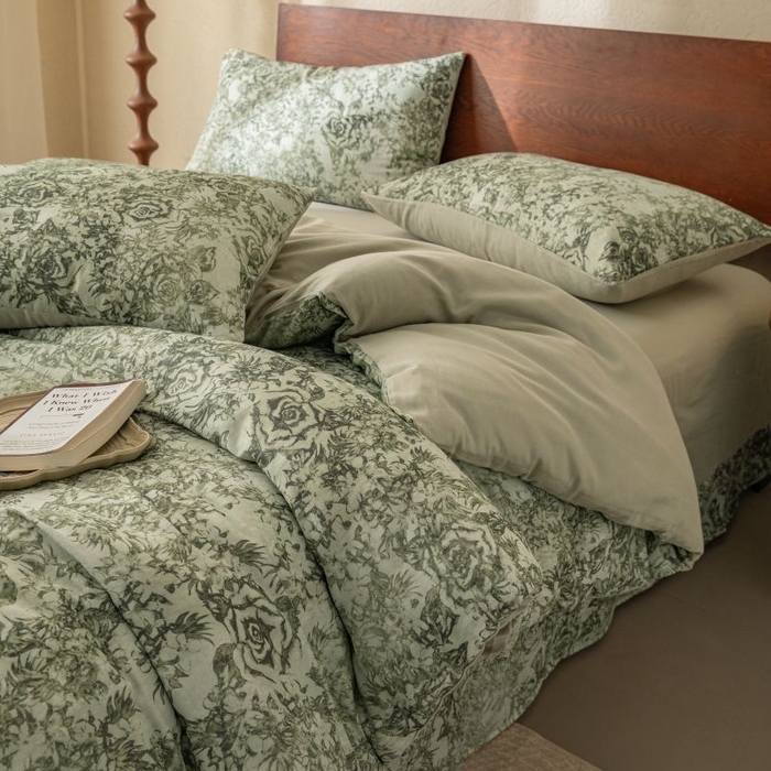 91家纺网 家纺一手货源 找家纺 2025新款40s全棉双层纱圆角吊边款四件套 莫奈-橄榄绿