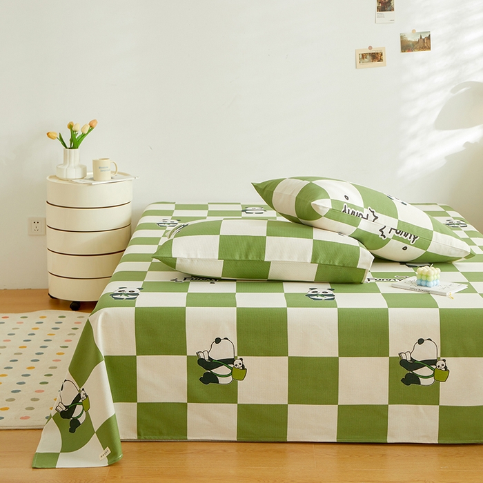 91家纺网 家纺一手货源 找家纺 绒艺席业 2025新款简约原棉印花老粗布床单 绿格熊猫