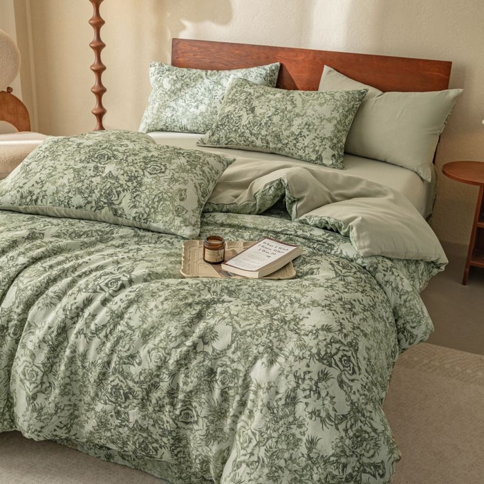 91家纺网 家纺一手货源 找家纺 2025新款40s全棉双层纱圆角吊边款四件套 莫奈-橄榄绿