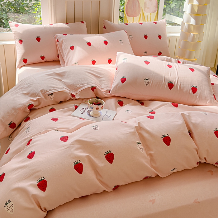 91家纺网 家纺一手货源 找家纺 澳梵家居 2025新款小清新全棉印花四件套 可可草莓