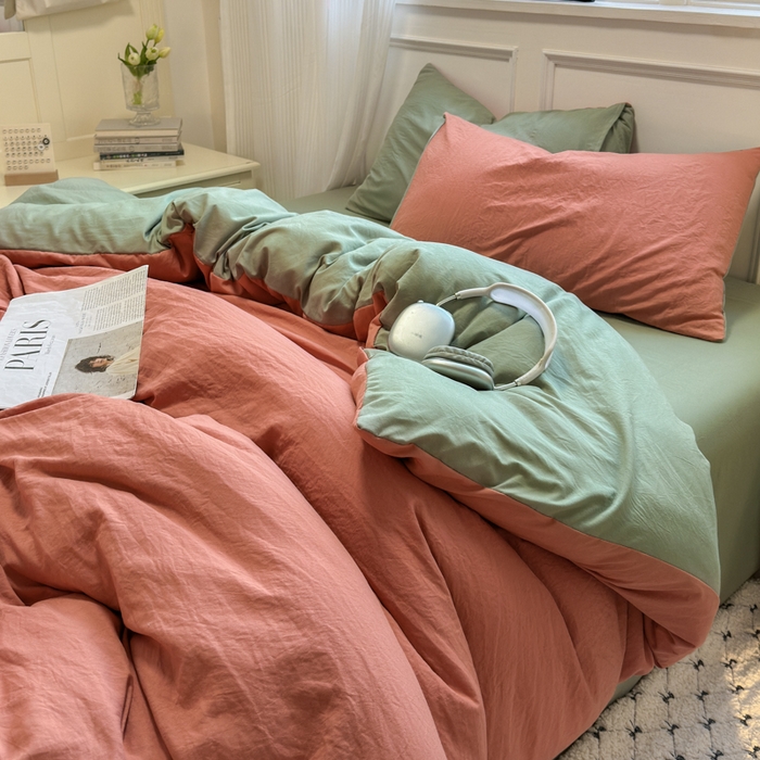 91家纺网 家纺一手货源 找家纺 冕悠家纺 2025新款A类105克超柔褶皱水洗棉拼色四件套-单被套 马仕橙+芥末绿