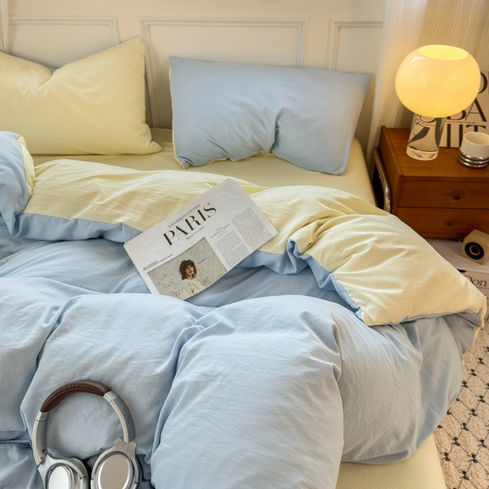 91家纺网 家纺一手货源 找家纺 冕悠家纺 2025新款A类105克超柔褶皱水洗棉拼色四件套-单被套 月白蓝+芝士黄