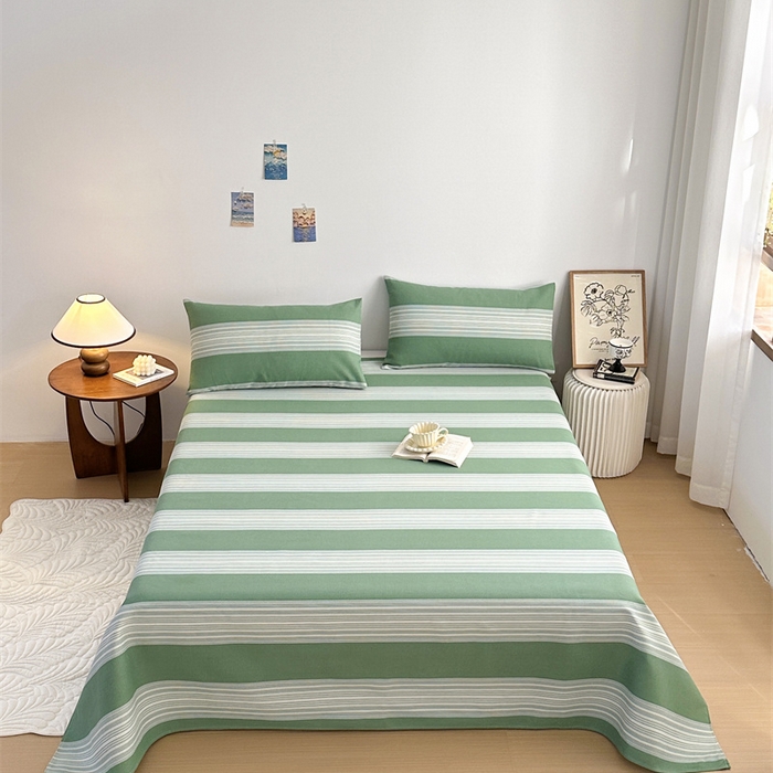 91家纺网 家纺一手货源 找家纺 绒艺席业 2025新款简约原棉印花老粗布床单 绿川千叶